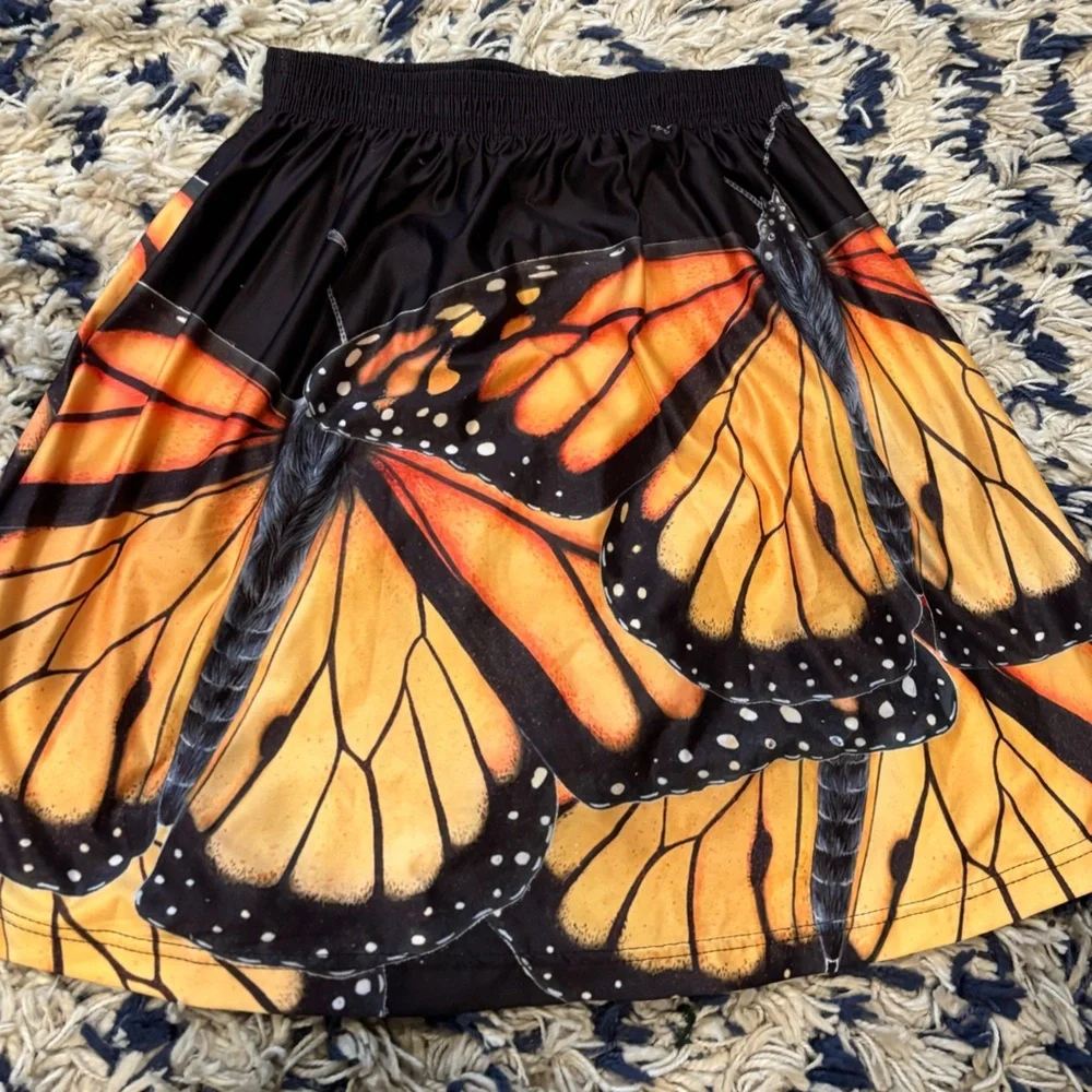 Kids monarch  Butterfly Print A-Line elastic waist Skirt - Orange/Black- size 16
